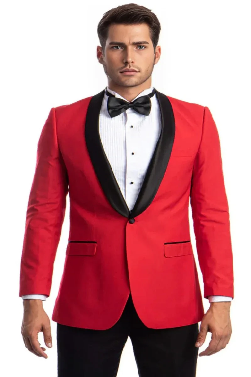 "MEN'S SHAWL LAPEL DINNER JACKET - ONE BUTTON, RED & BLACK DESIGN"