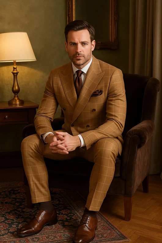 Tan Windowpane Plaid Suit – Rossiman Double-Breasted Men’s Two-Piece in Camel