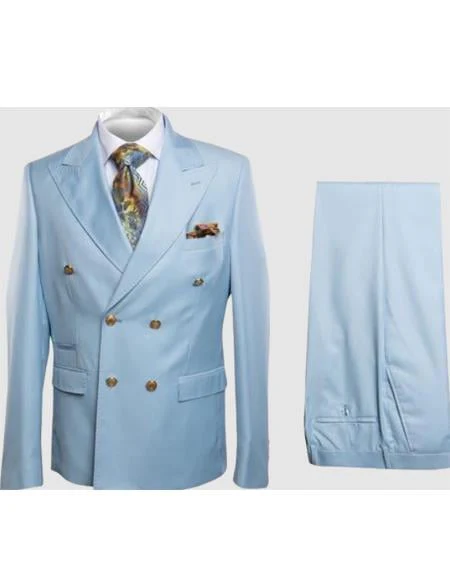 Rossiman Men's Light Blue Suit – Double-Breasted Slim Fit Design