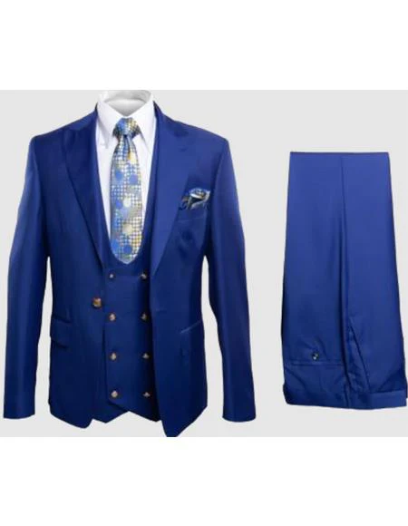Rossiman Men's Royal Blue Suit – Double-Breasted Slim Fit Design