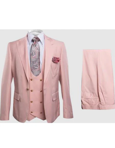 Rossiman Men's Slim Fit Pink Suit – Stylish Double-Breasted Vest & Flat Front Pants