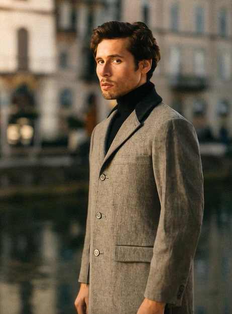 Herringbone Wool & Cashmere Chesterfield Overcoat – 1920s Full Length
