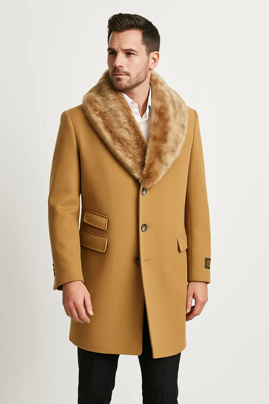 Mens Camel Overcoat with Light Faux Fur Collar – Single-Breasted Wool Dress Coat