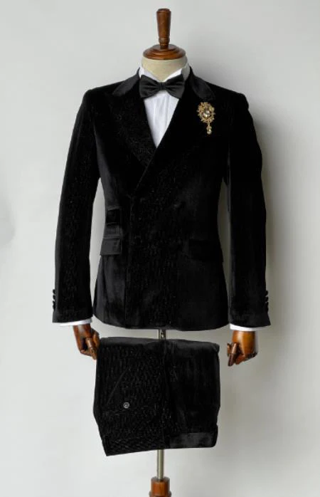 Mens Velvet Suit - Slim Fit  Double Breasted Suit - Blazer and Pants Black