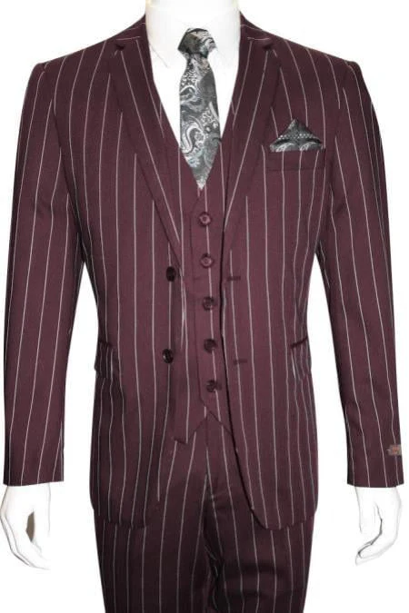 Men's Bold Gangster 1920s Burgundy Suit Vintage Dark Burgundy ~ White Gangster Bold Stripe 2 Buttons Vested Suit Black and Bold White Stripe (MO845)