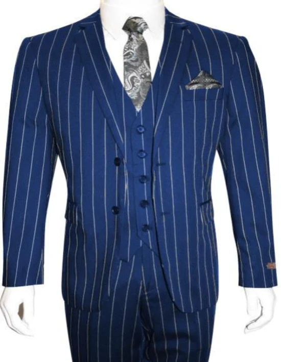 Men's Bold Gangster 1920s Vintage Navy Blue ~ White Gangster Bold Stripe 2 Buttons Vested Dress Suit for Men