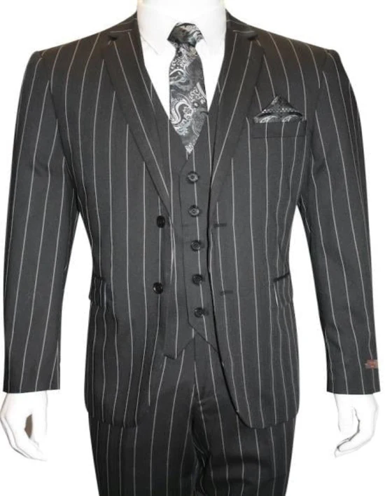 Men'S Bold Gangster 1920s Vintage Black And White Gangster Bold Stripe 2 Buttons Vested Suits