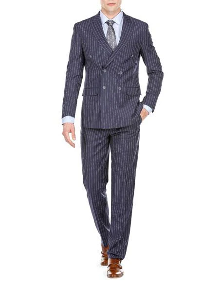 Men's Dark Navy Blue Double Breasted Suit Slim Fit Bold Stripe Peak Lapel Suit