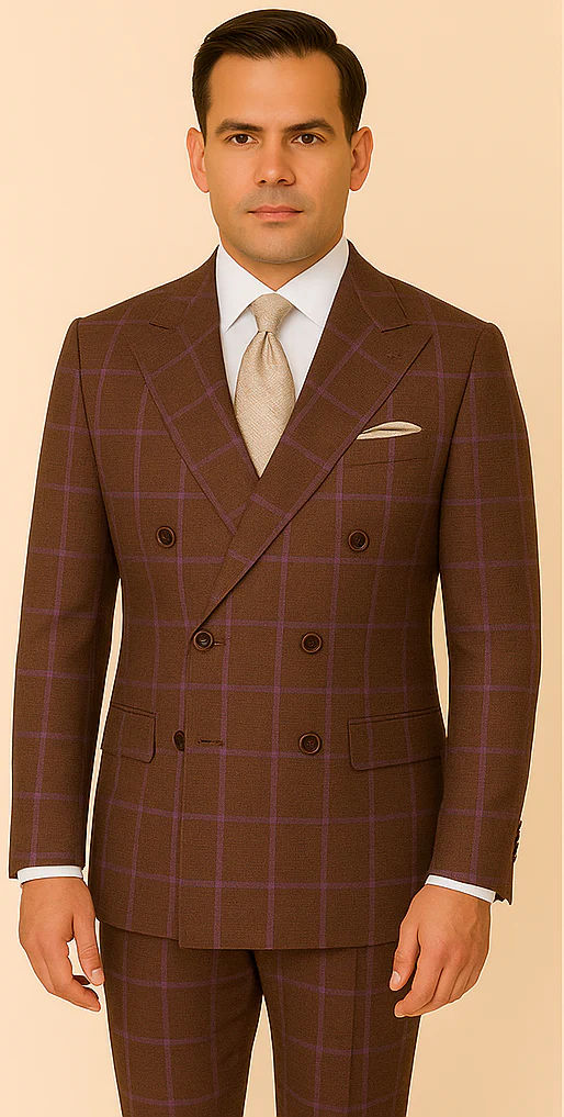 Rossiman Plaid Suit – Gray & Lavender Textured Windowpane Double-Breasted Suit