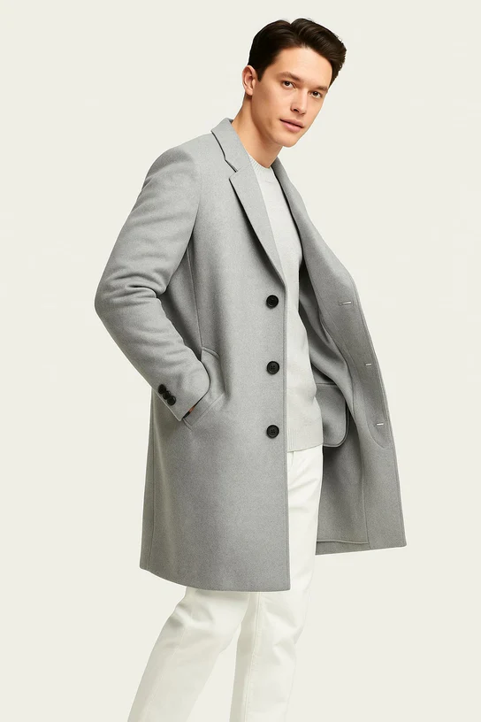 Mens Light Gray Wool Overcoat – Classic Single-Breasted Winter Coat