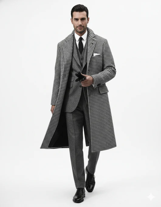 Houndstooth Overcoat - Black and White Checker And Cashmere Fabric Topcoat By Alberto Nardoni