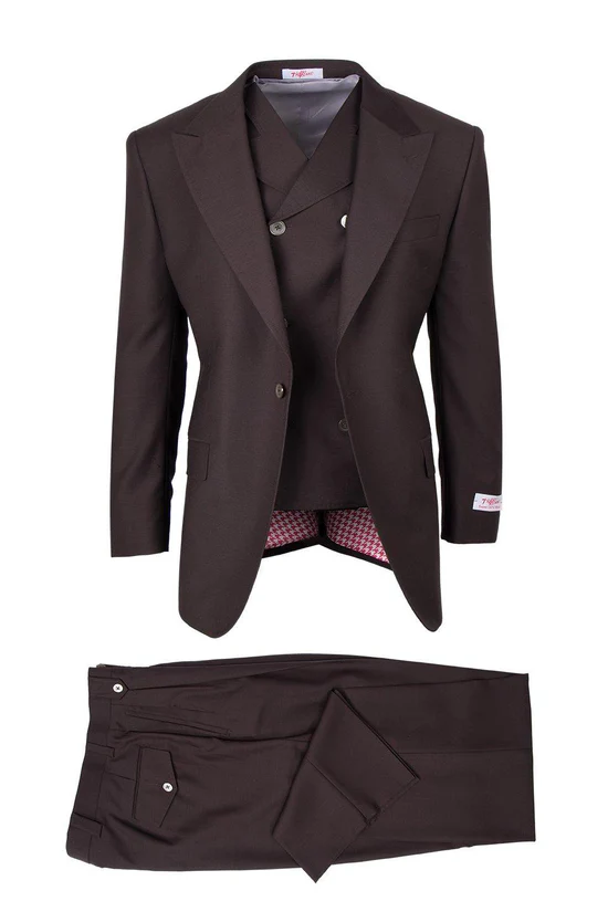 Tiglio Italian Suit - Real Wool Fabric Super 150's San Giovesse Brown, Wide Leg Suit & Vest in Color Brown