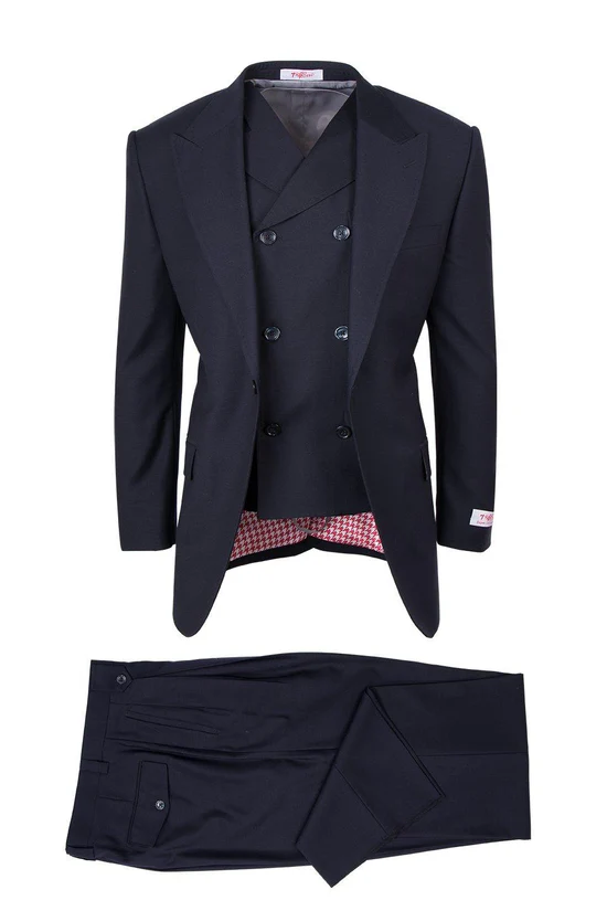 Tiglio Italian Suit - Real Wool Fabric Super 150's San Giovesse Navy, Wide Leg Suit & Vest in Color Navy