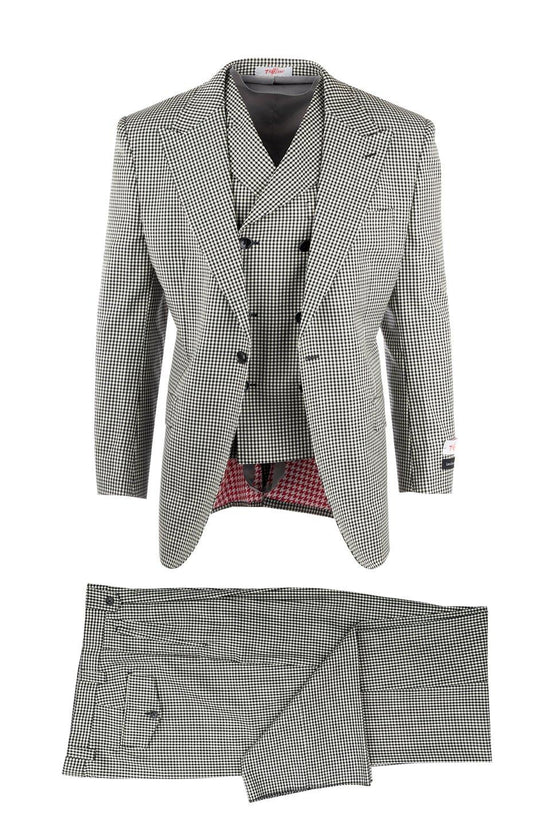 Tiglio Italian Suit - Real Wool Fabric Super 150's San Giovesse Black and White Check, Wide Leg Suit & Vest in Color Black and White