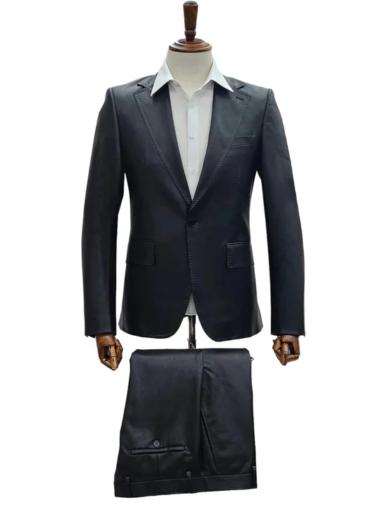 Mens Faux Leather Suit, Notch Lapel with Pick Stitching, 1 Button, Pocket Flaps, Center Vent - Slim Fitted in Color Blue