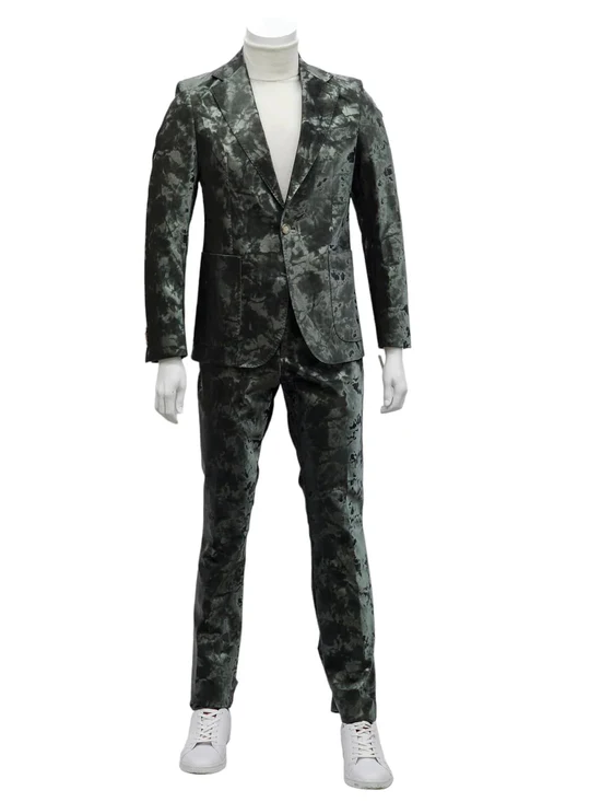 Mens 1 Button Slim Fit Faux Leather with Patch Pockets Green Suit