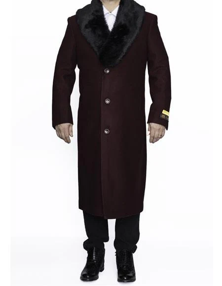 Men's Burgundy Fur Collar Full Length Overcoat
