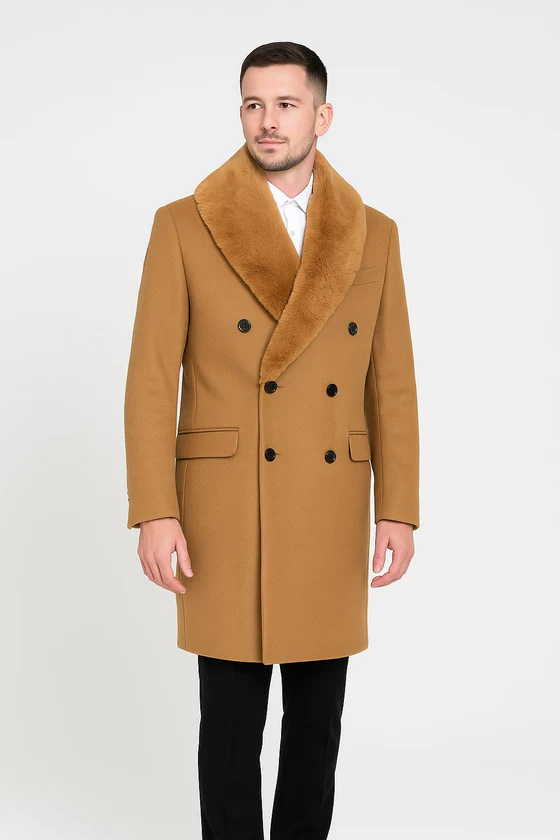 Mens Camel Wool Overcoat with Faux Fur Shawl Collar  Double-Breasted Winter Dress Coat