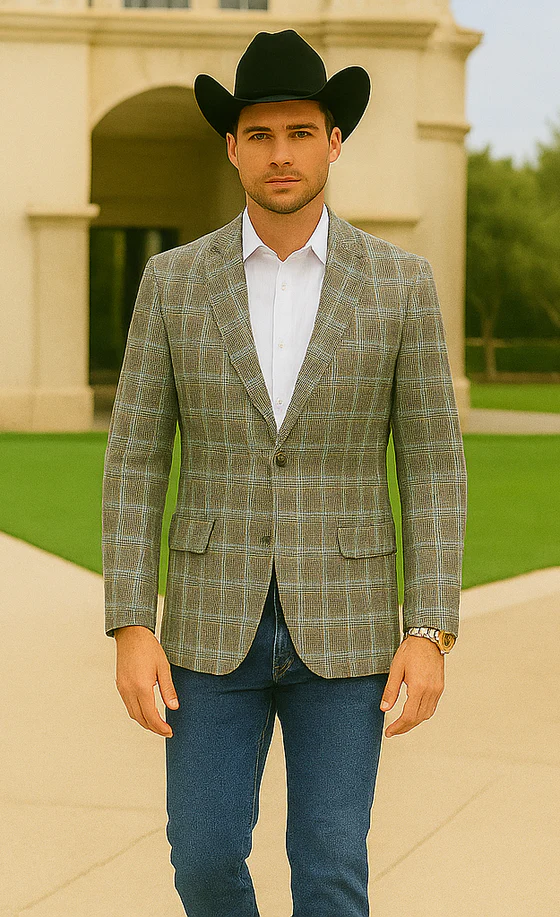 Saco vaquero - Western Sport Coat - Western Blazer- Men's Two Button Slim Fit Business Casual Sport Coat In Camel Glen Plaid