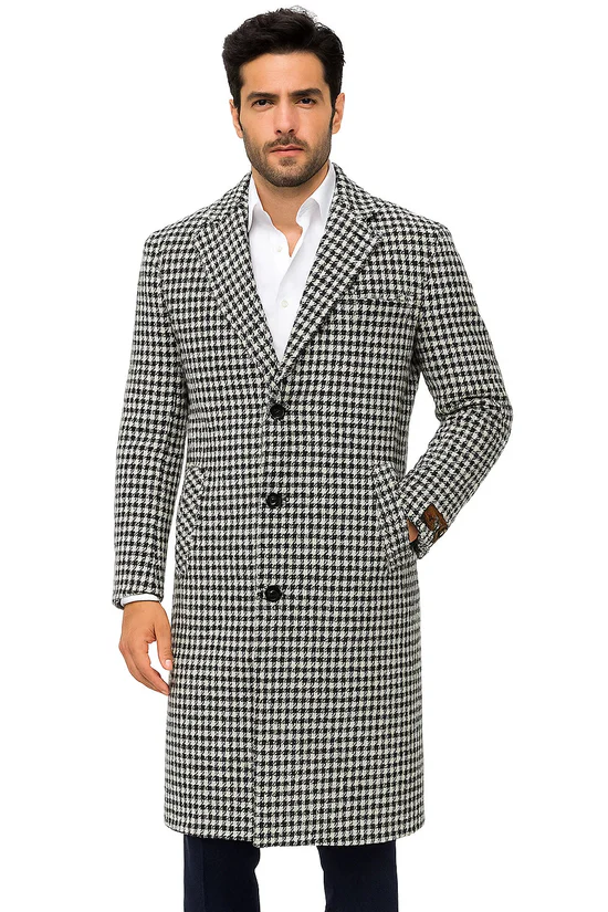 Mens Full Length and Cashmere Overcoat - Winter Topcoats - Black and White Coat