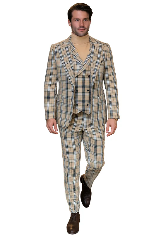 Tan Plaid Suit - Camel Khaki Tan Beige Color -  Double Breasted  Vested Mens Suit Windowpane Pattern - Modern Fit
