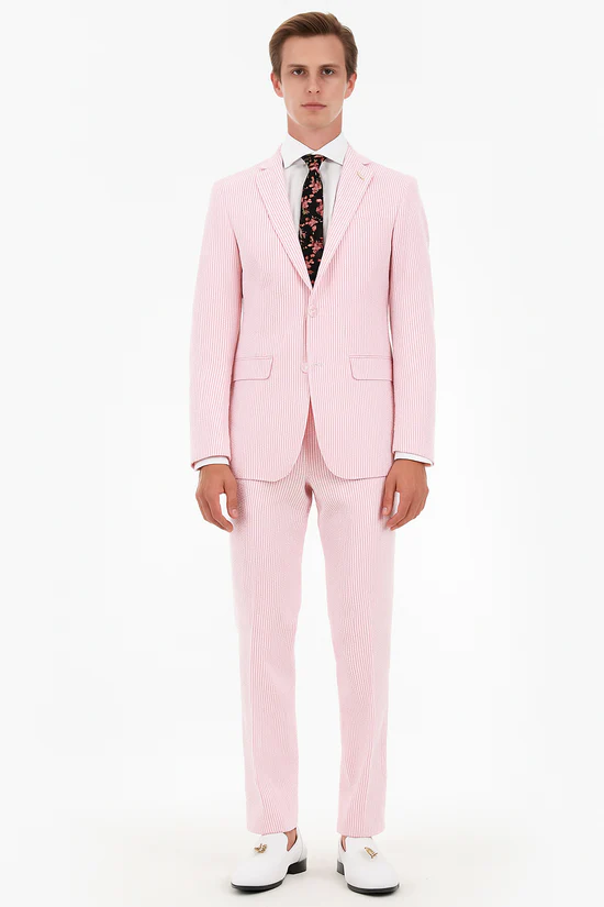 Mens Modern Slim Pink Seersucker Suit