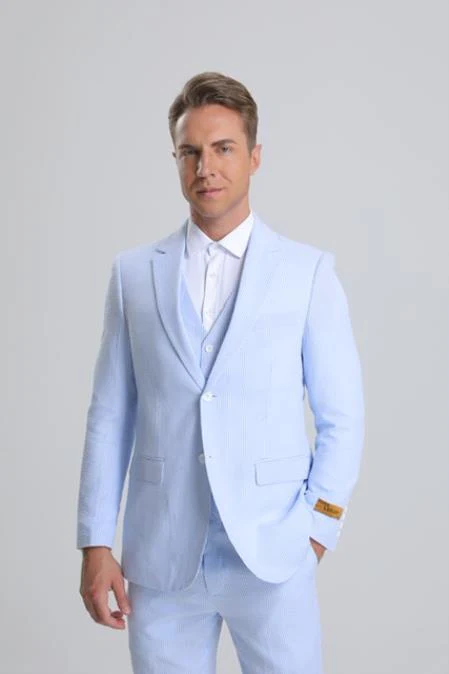 SKU#JA61391 Seersucker Suit - Summer Suit - Cotton Suit - Light Blue