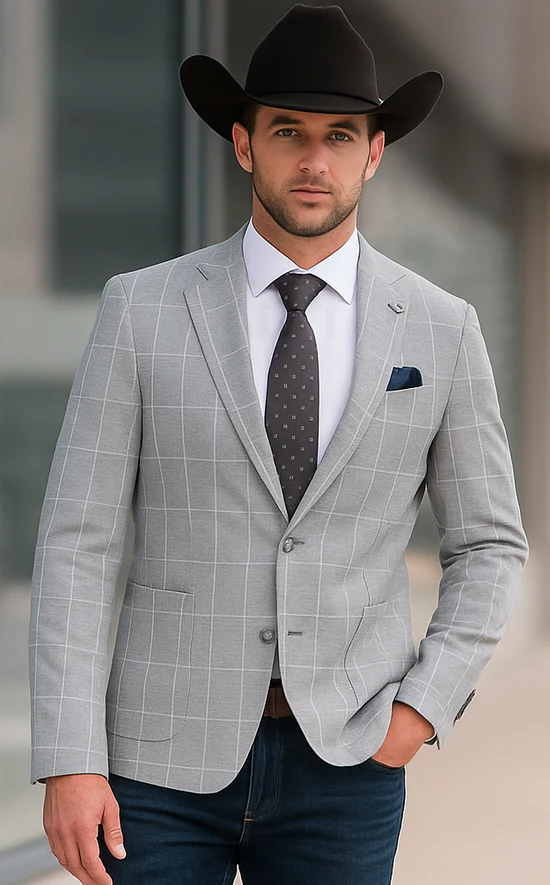 Saco vaquero - Western Sport Coat - Western Blazer- Mens Half Canvas Unconstructed Sport Coat Blazer In Light Grey & White Windowpane Plaid