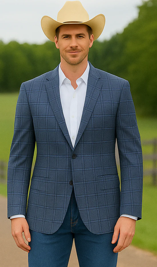 Saco vaquero - Western Sport Coat - Western Blazer- Men's Two Button Business Casual Double Windowpane Sport Coat In Light Blue