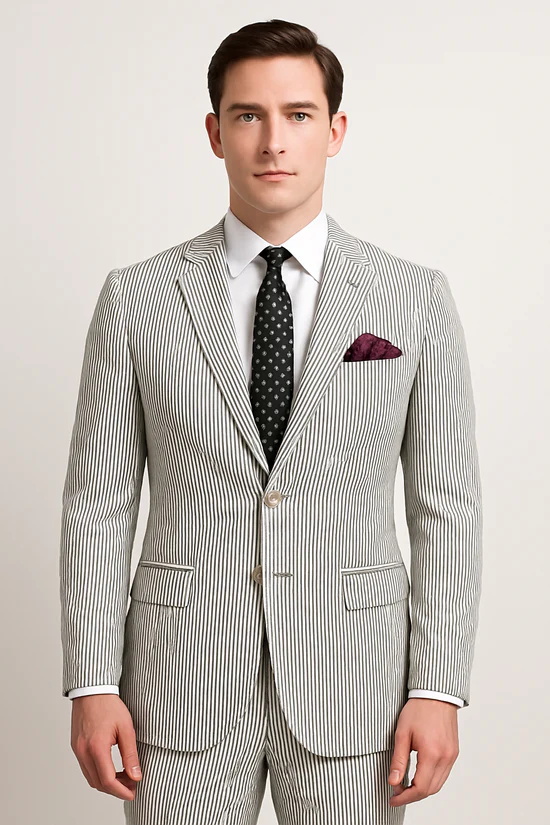 Men's 2pc Summer Seersucker Modern Fit Suit In Black Pinstripe