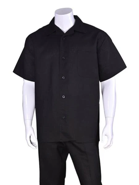 Men's Plain Black Short Sleeve Linen Casual Casual Two Piece Mens Walking Outfit For Sale Pant Sets Suit With Pant - Mens Linen Suit
