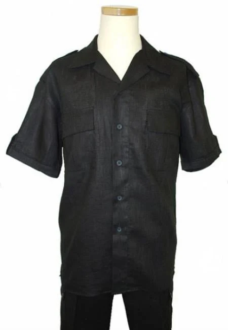 Mens Linen Suit - Dual pleated pants with four outside pockets Summer Casual Two Piece Mens Walking Outfit For Sale Pant Sets Casual Suit Short sleeve Shirt + Pants Solid Black