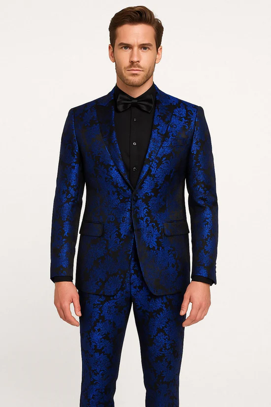 Mens Royal Blue Metallic Floral Suit – Black Background Two Piece Tuxedo Set