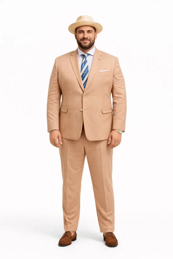 Mens Bronze - Tan Pinstripe - Camel Double Breasted Pinstripe Suit - Flat Front Pants