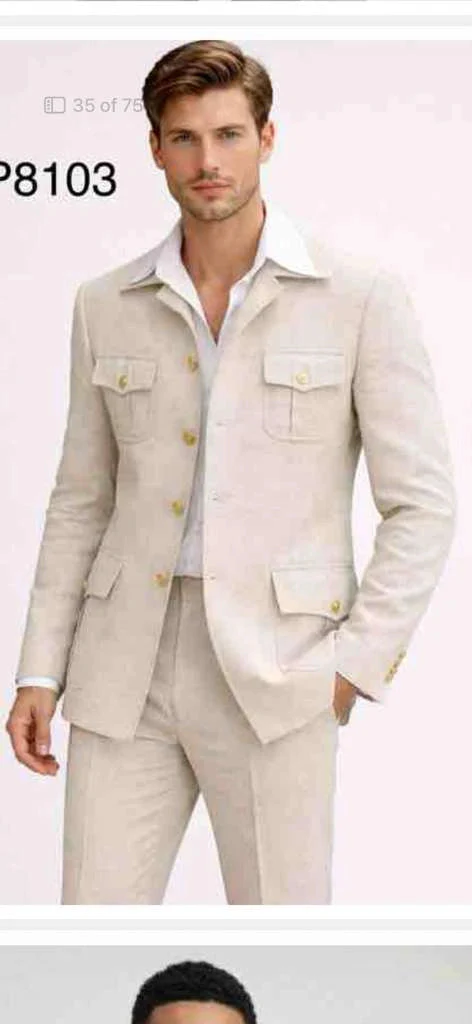 Mens Tan Beige Safari Military Walking Suit Set – Casual Two Piece Outfit Lightweight Summer Blazer and Pants Set Classic Casua Wear