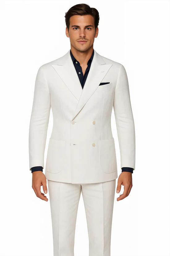 White Linen Double Breasted Suit, 4 Button