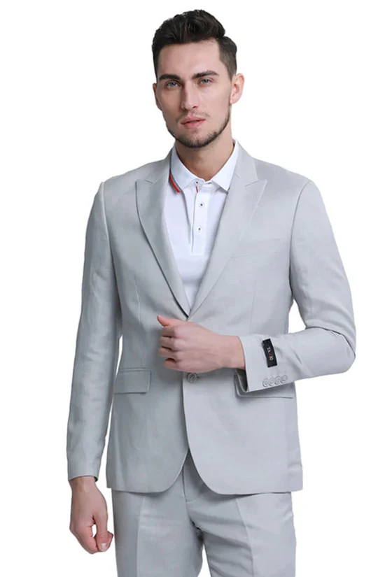 Two Button Peak Lapel Linen Style Suit, Light Grey