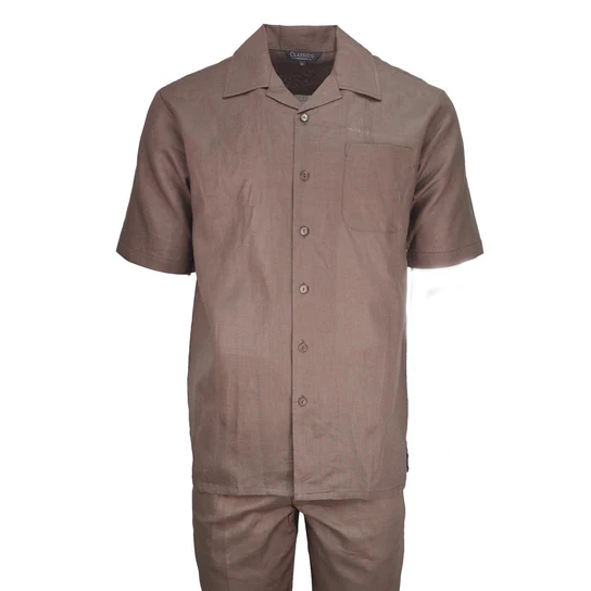 Mens Brown Linen Shirt and Pants Casual Outfit Set