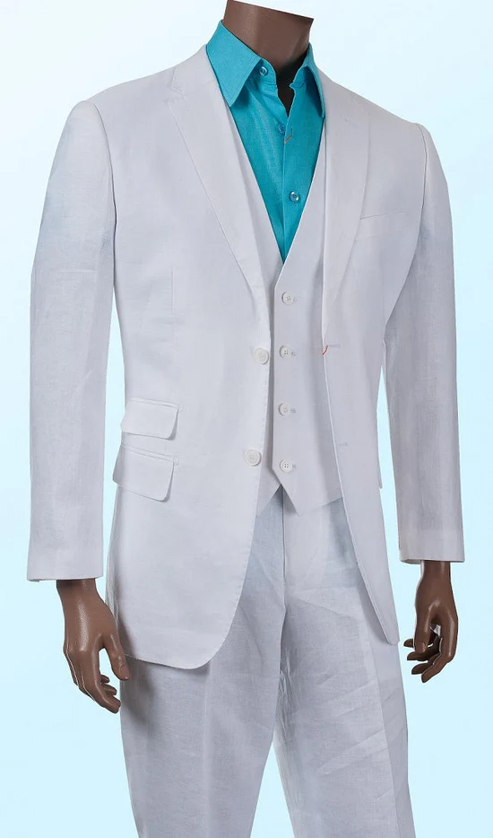 Men'S 3pc Linen Suit Ticket Pocket Summer Linen Suits Outfit Vest And Pants White