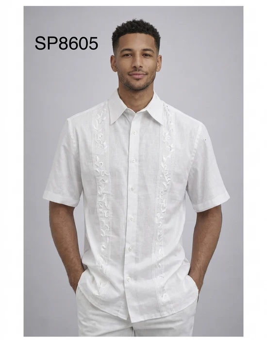 Men’s White Embroidered Walking Suit Set – 2 Piece Short Sleeve Casual Outfit