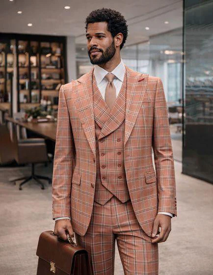 Statement Men's Wool Windowpane Suit with Vest Salmon 3 Piece Modern Fit Sergio