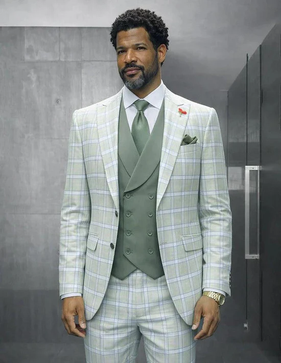 Statement Men's Wool Windowpane Suit Peak Lapel Tailored Fit Mint Diego