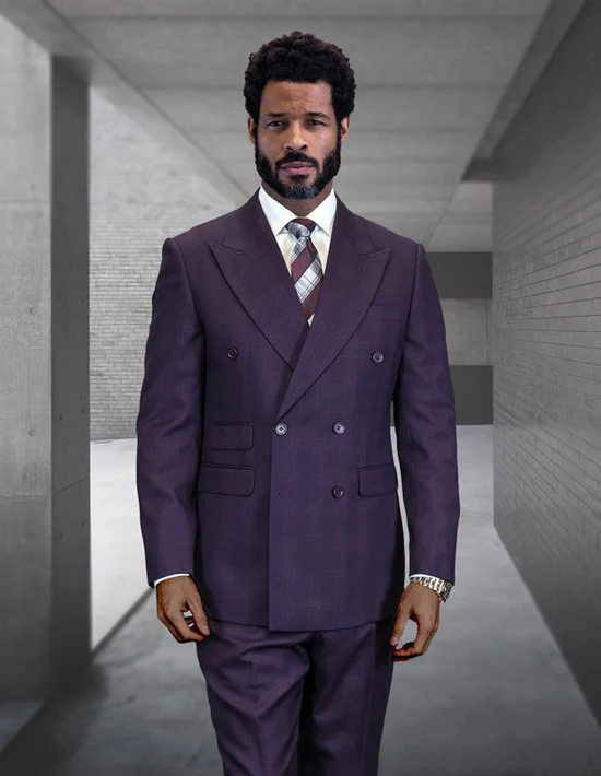 Statement Men's Double Breasted Plaid Purple Eggplant Designer Suit Imperial