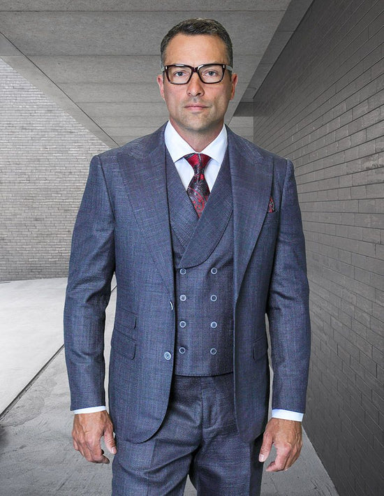 Statement Mens Modern Fit 3 Piece 100% Super 200s Wool Suit – Wide Peak Lapel, Double Breasted Vest