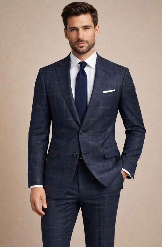 Statement Mens Modern Fit 2 Piece 100% Super 200s Wool Fine Windowpane Suit – Single Breasted Notch Lapel Jacket
