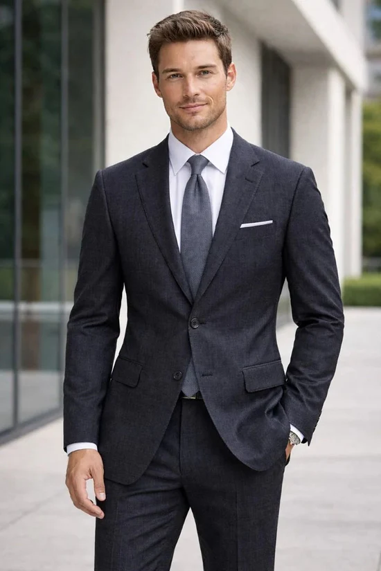 Statement Mens Modern Fit 2 Piece 100% Wool Textured Solid Suit – Notch Lapel Single Breasted Jacket