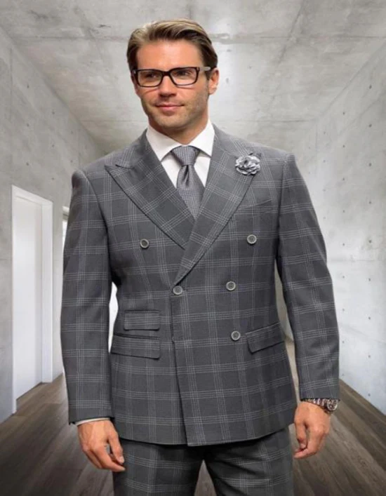Double Breasted Suit - Wool Plaid Windowpane Suit - Statement Designer Suit Grey - 100% Percent Wool Fabric Suit - Worsted Wool Business Suit