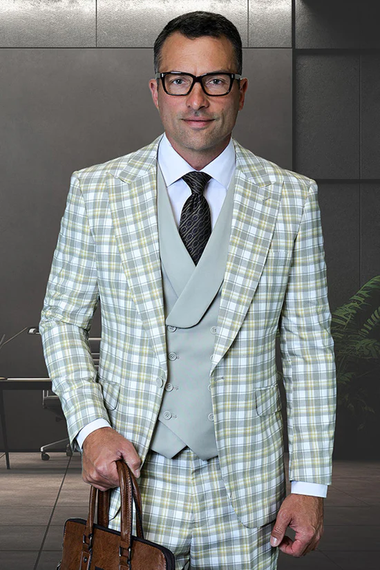 Men's Designer One Button Peak Lapel Italian Wool Suit with Double Breasted Vest in Tan Plaid