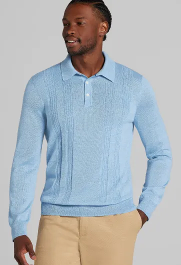 Merino Wool Stitch Panel Polo Sweater