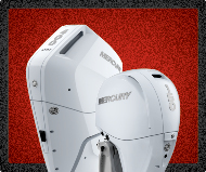 Two white mercury outboard motors on a red background